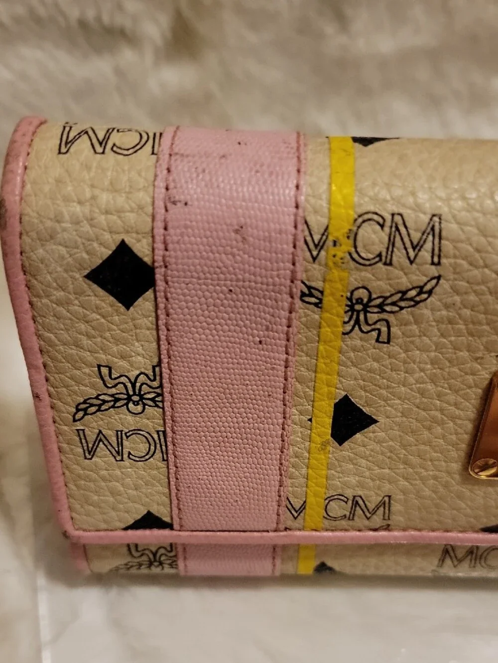 MCM Cream Wallet with Pink, Red and Yellow Stripe Accents
